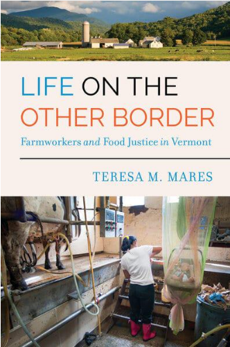 Book cover for Life on the Other Border shows an idyllic dairy farm and a farmworker in the milking parlor with her baby nearby