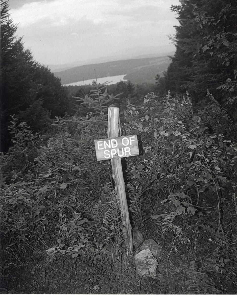 Photo with a sign indicating "end of spur" on a fence post in front of bushes and evergreen trees looking toward a lake in the distance. 