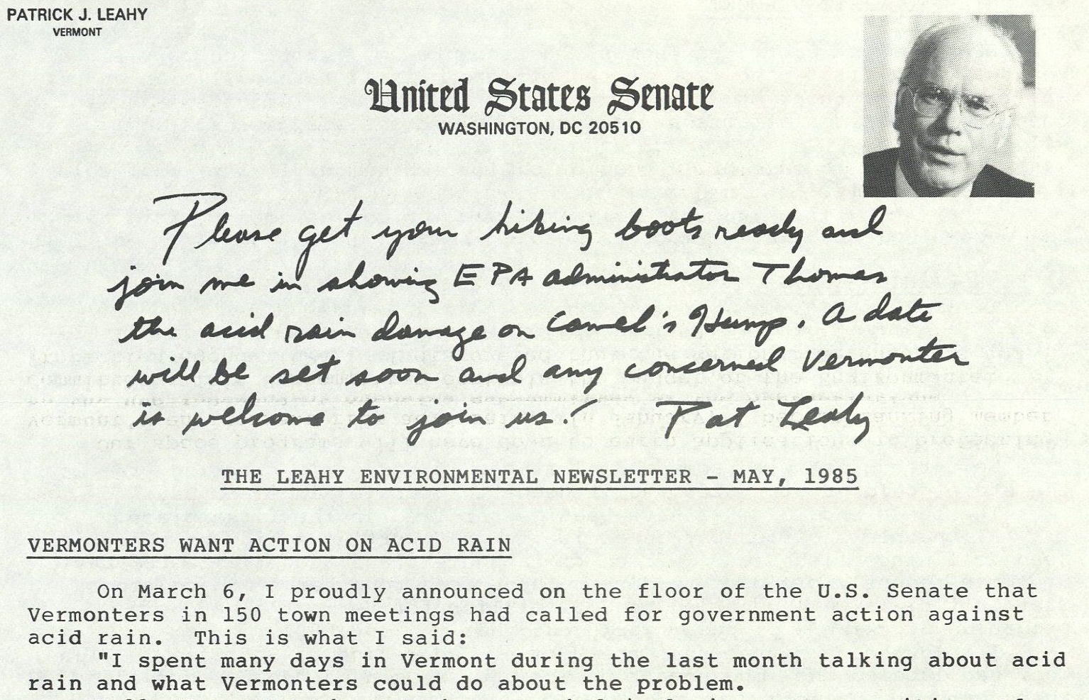 Image shows a portion a newsletter, with a portrait of Senator Leahy and a handwritten note about fighting acid rain damage.