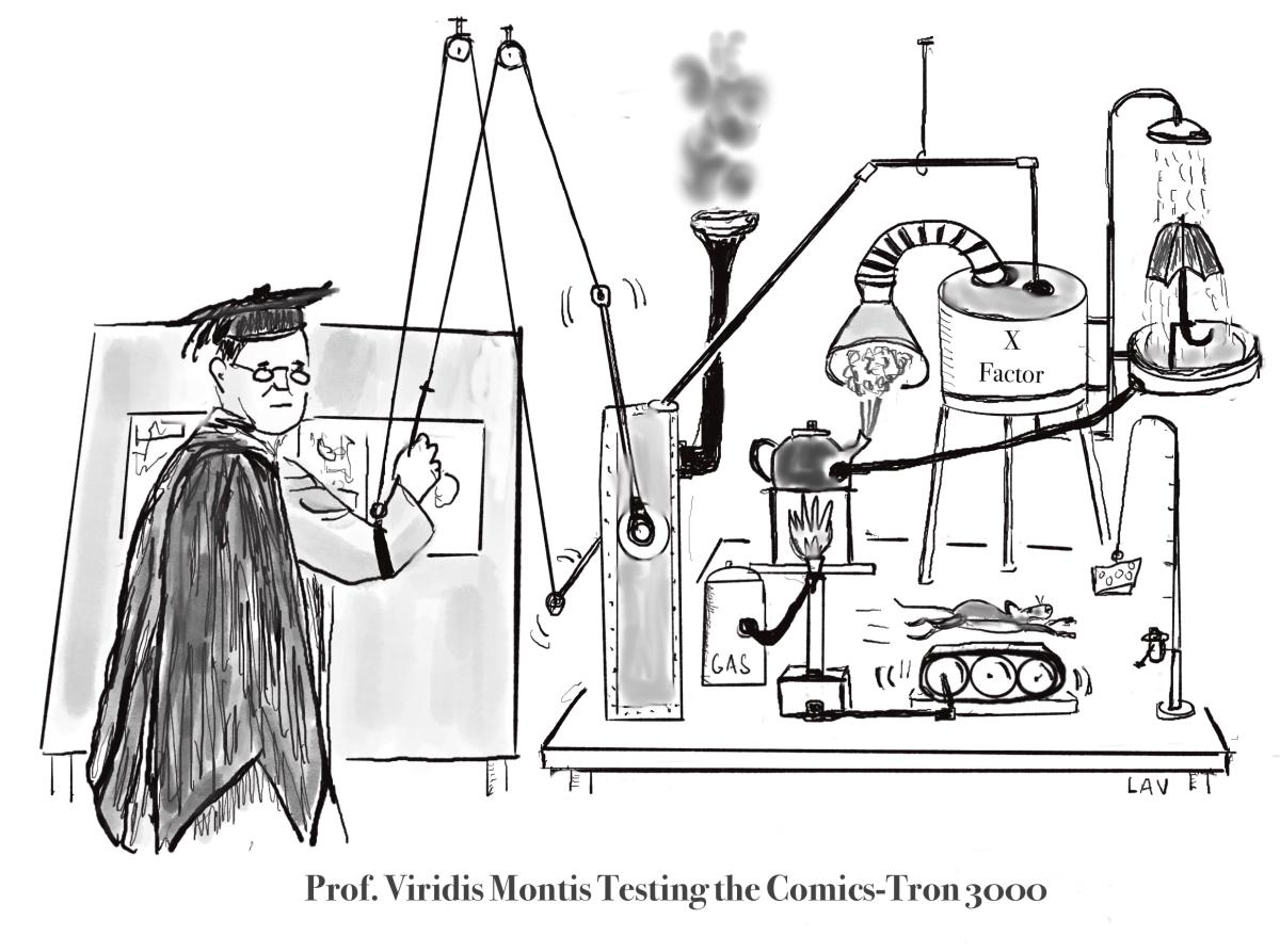 Comic shows a man in academic robes operating a complicated machine.
