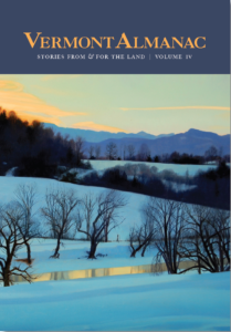 Book cover shows a winter landscape under the title, Vermont Almanac