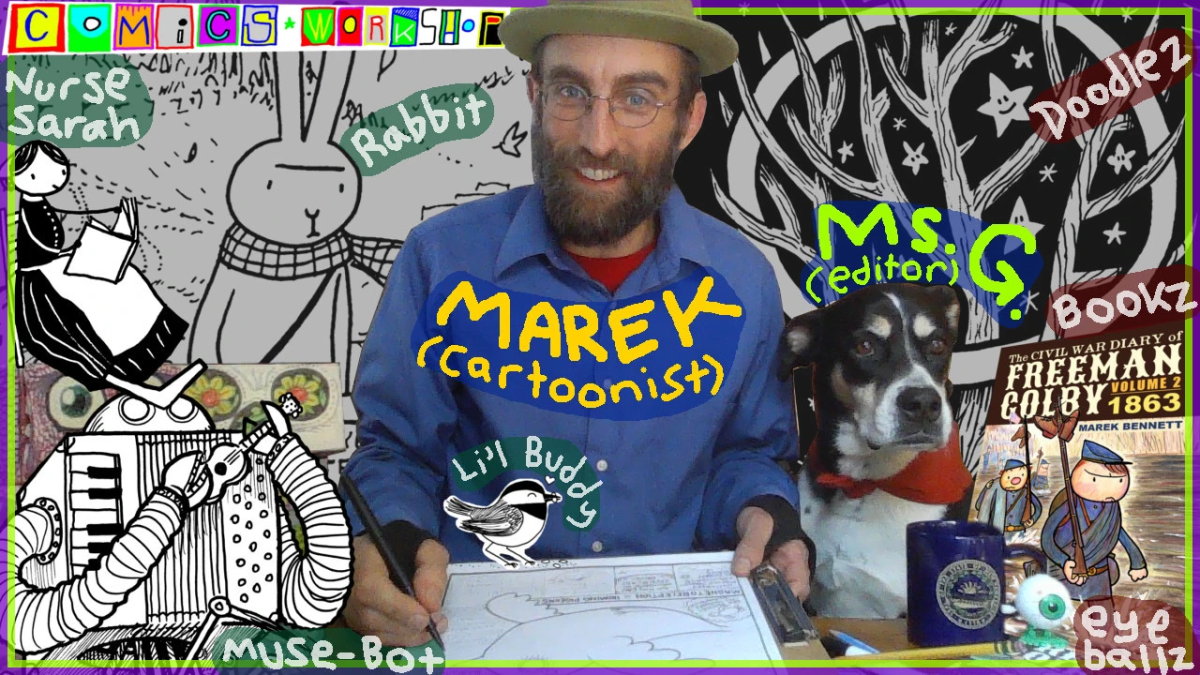 A man wearing glasses, a blue shirt and tan hat is surrounded by comic characters in black and white. A yellow label written on the man's chest reads "Marek (cartoonist)." 