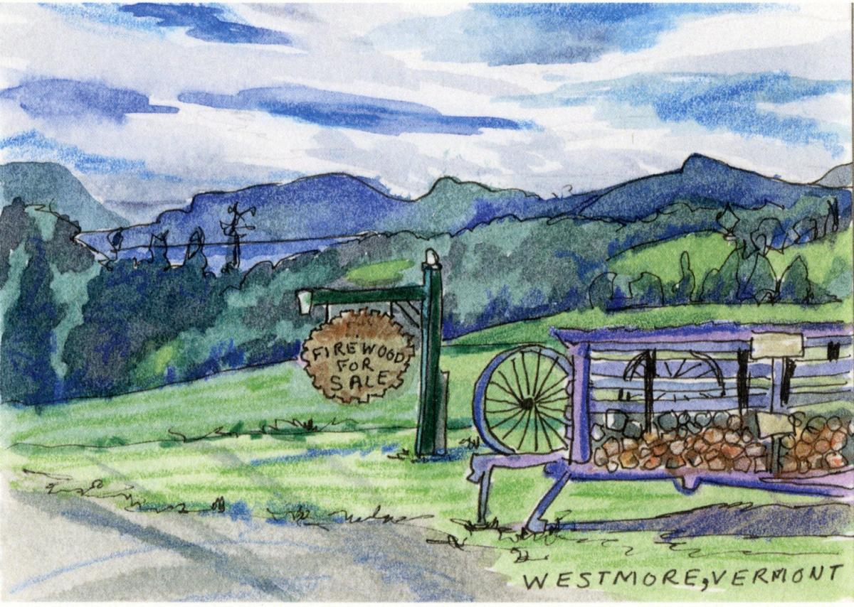 Watercolor of a Westmore, VT vista with mountains and forests in the background and a cartof firewood next to a sign advertising firewodd for sale in the foreground.