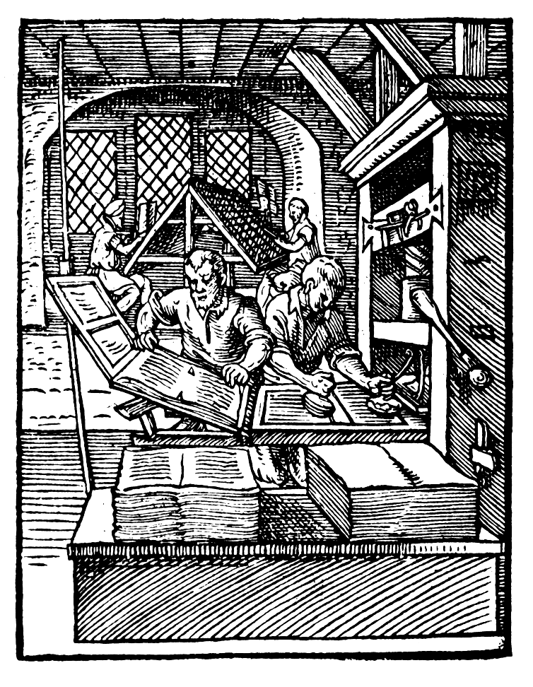 Two seated men are setting type and two standing men are binding books in a workshop